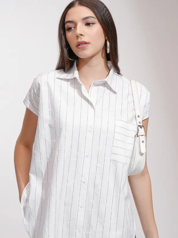 Tokyo Talkies Women White Striped Oversized Fit Casual Shirt