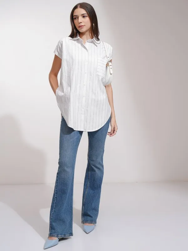 Tokyo Talkies Women White Striped Oversized Fit Casual Shirt