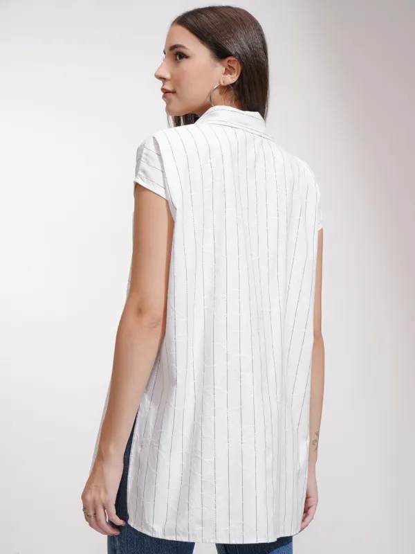 Tokyo Talkies Women White Striped Oversized Fit Casual Shirt