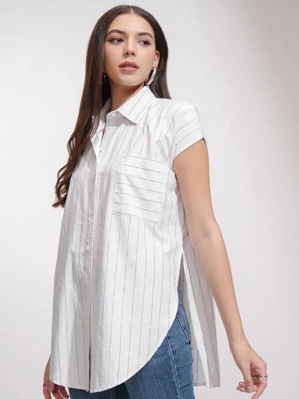 Tokyo Talkies Women White Striped Oversized Fit Casual Shirt