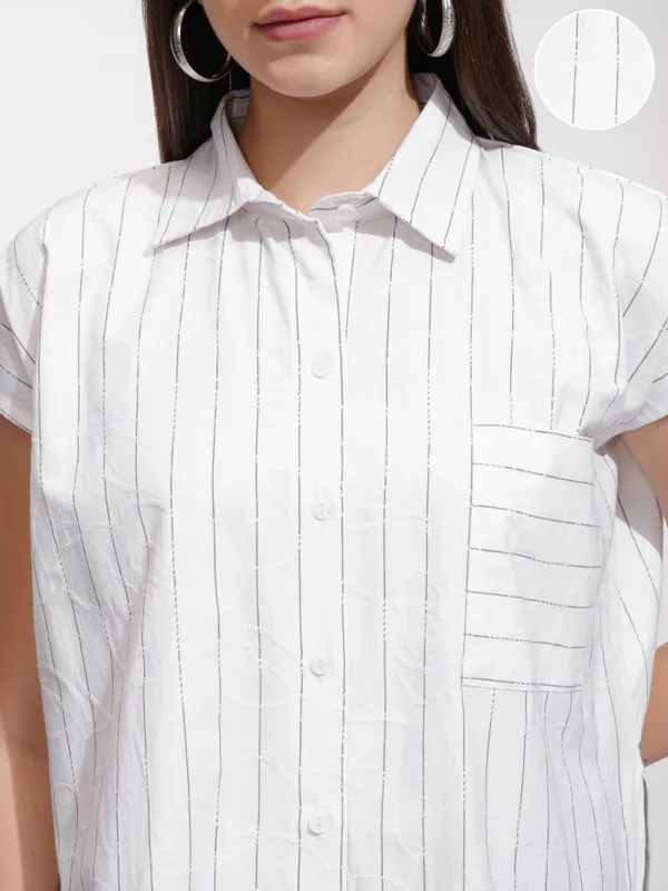 Tokyo Talkies Women White Striped Oversized Fit Casual Shirt
