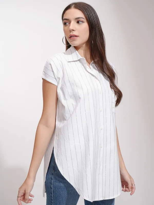 Tokyo Talkies Women White Striped Oversized Fit Casual Shirt