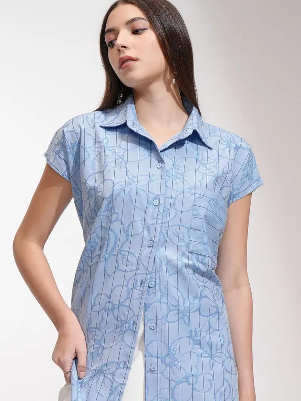 Tokyo Talkies Women Blue Striped Oversized Fit Casual Shirt