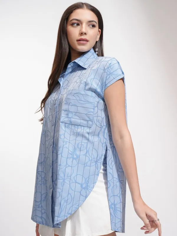 Tokyo Talkies Women Blue Striped Oversized Fit Casual Shirt