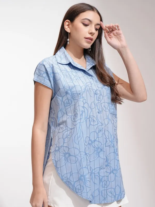 Tokyo Talkies Women Blue Striped Oversized Fit Casual Shirt