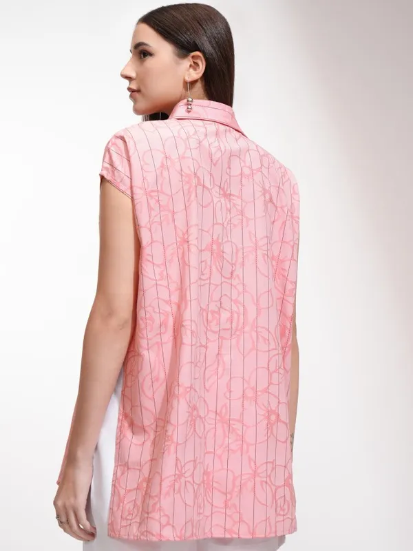 Tokyo Talkies Women Coral Striped Oversized Fit Casual Shirt