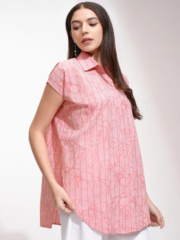 Tokyo Talkies Women Coral Striped Oversized Fit Casual Shirt