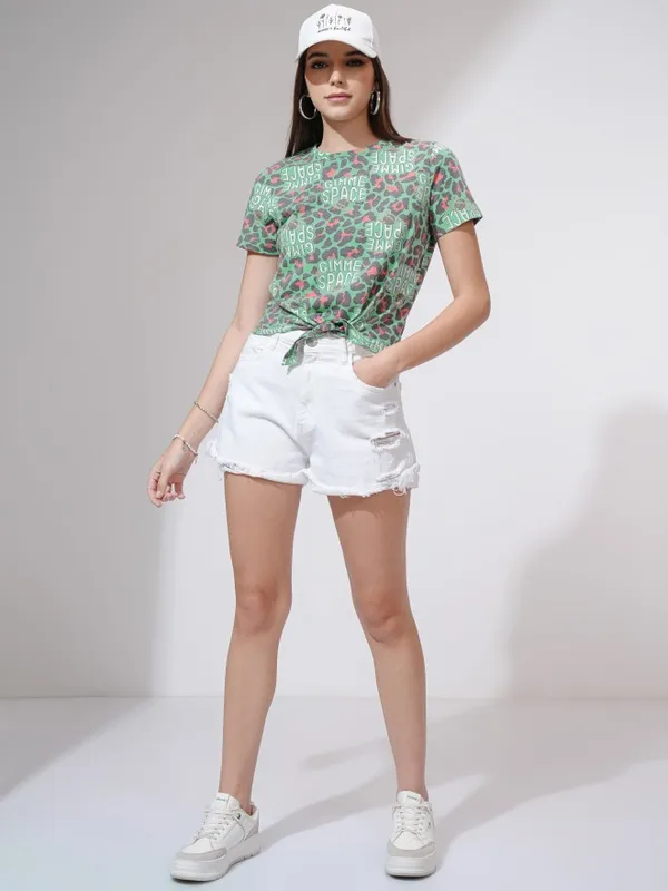 Tokyo Talkies Women Green Printed Round Neck T-Shirt