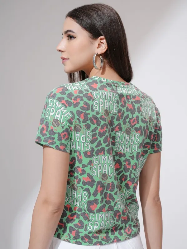 Tokyo Talkies Women Green Printed Round Neck T-Shirt
