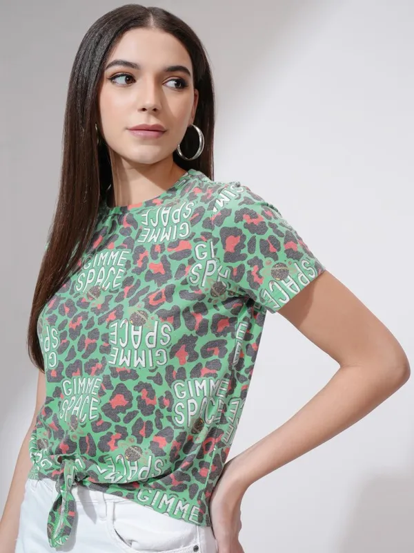 Tokyo Talkies Women Green Printed Round Neck T-Shirt