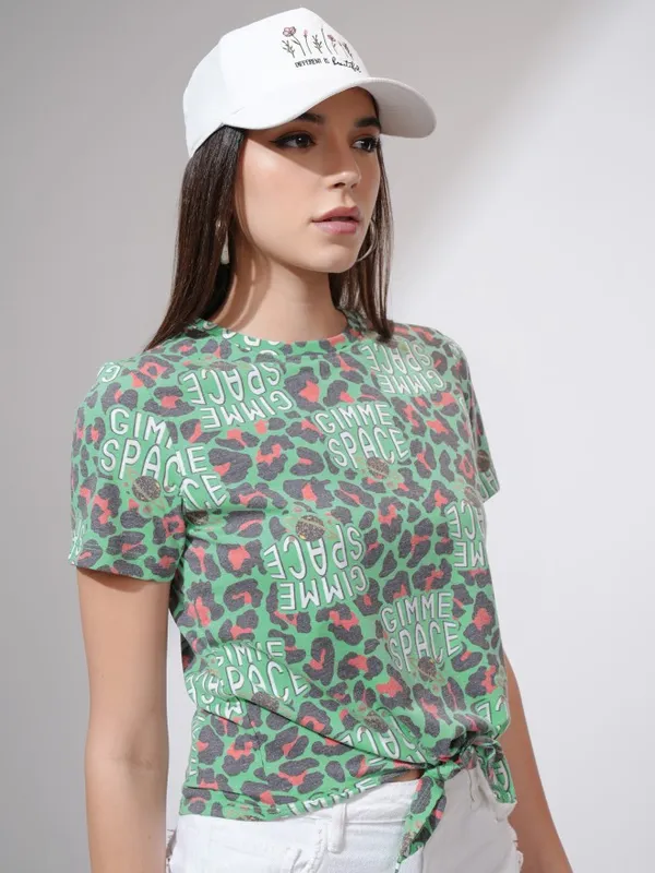 Tokyo Talkies Women Green Printed Round Neck T-Shirt