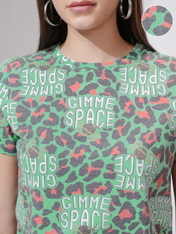 Tokyo Talkies Women Green Printed Round Neck T-Shirt