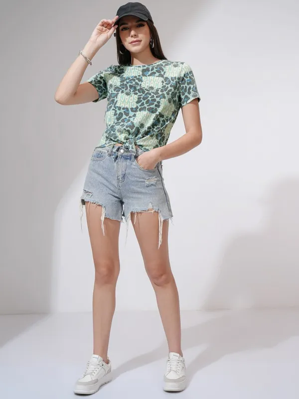 Tokyo Talkies Women Teal Printed Round Neck T-Shirt