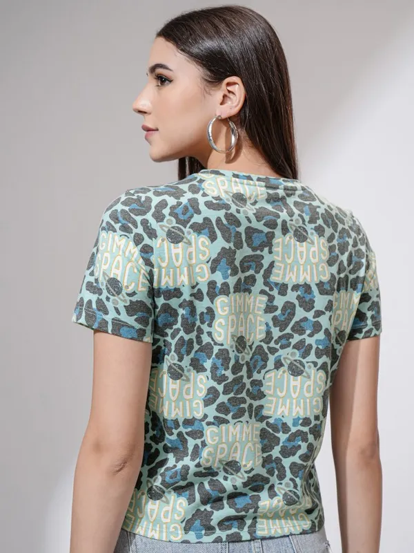 Tokyo Talkies Women Teal Printed Round Neck T-Shirt