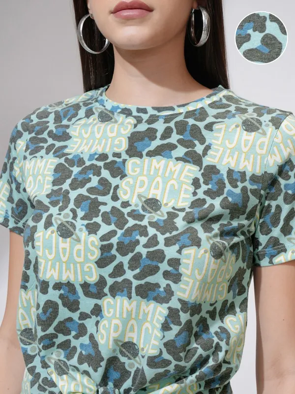 Tokyo Talkies Women Teal Printed Round Neck T-Shirt