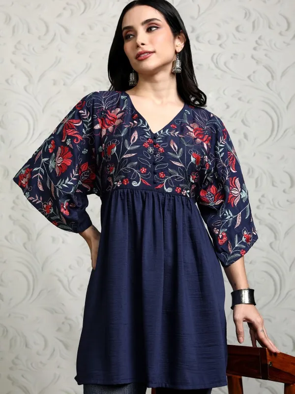 Vishudh Women Navy Blue Embroidered Tunic
