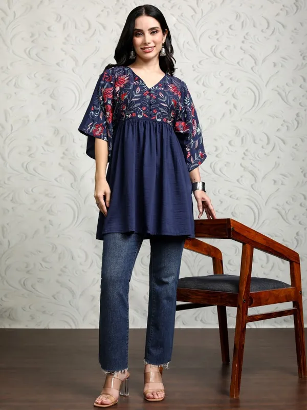 Vishudh Women Navy Blue Embroidered Tunic
