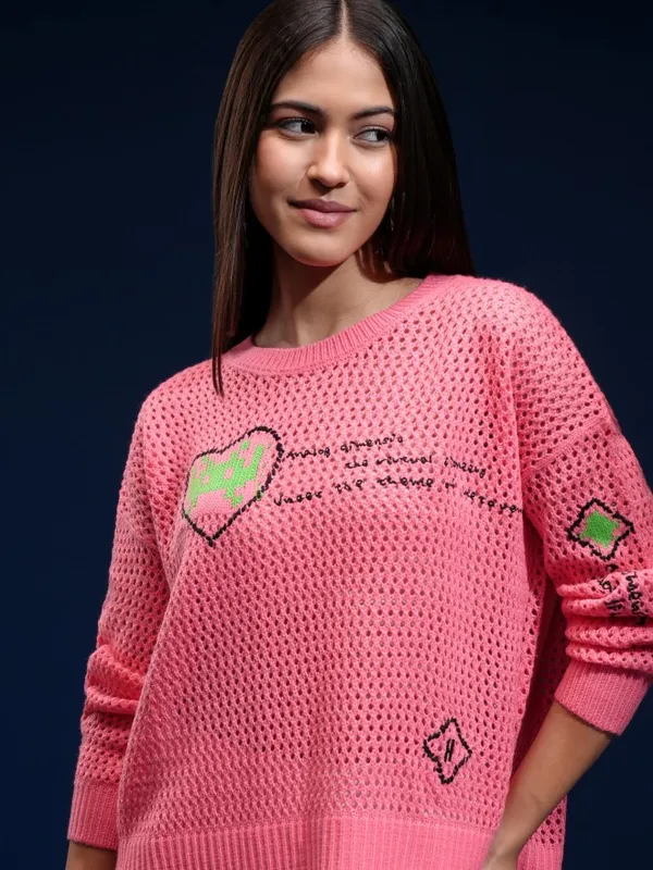 Tokyo Talkies Women Pink Round Neck Sweater