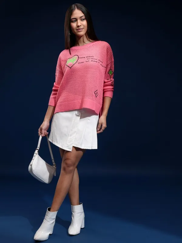 Tokyo Talkies Women Pink Round Neck Sweater