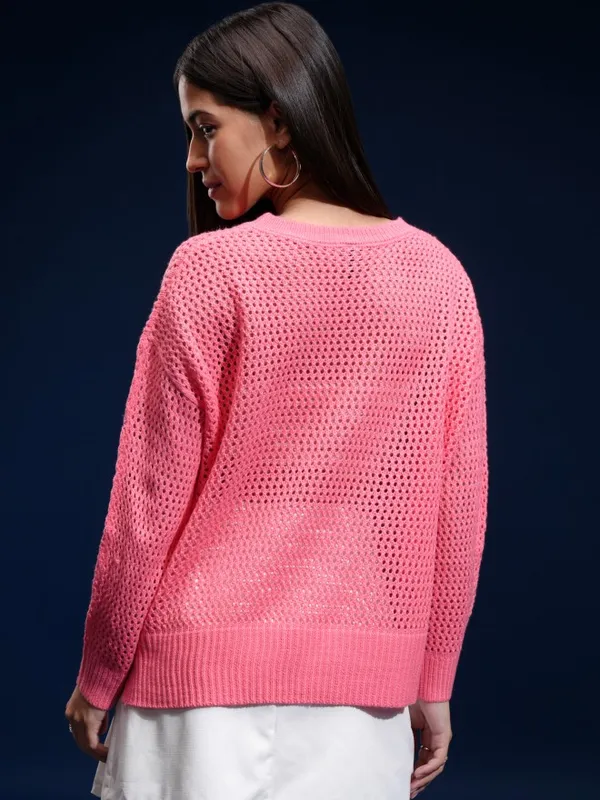 Tokyo Talkies Women Pink Round Neck Sweater