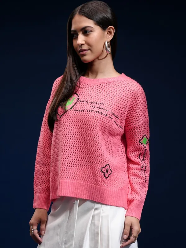 Tokyo Talkies Women Pink Round Neck Sweater