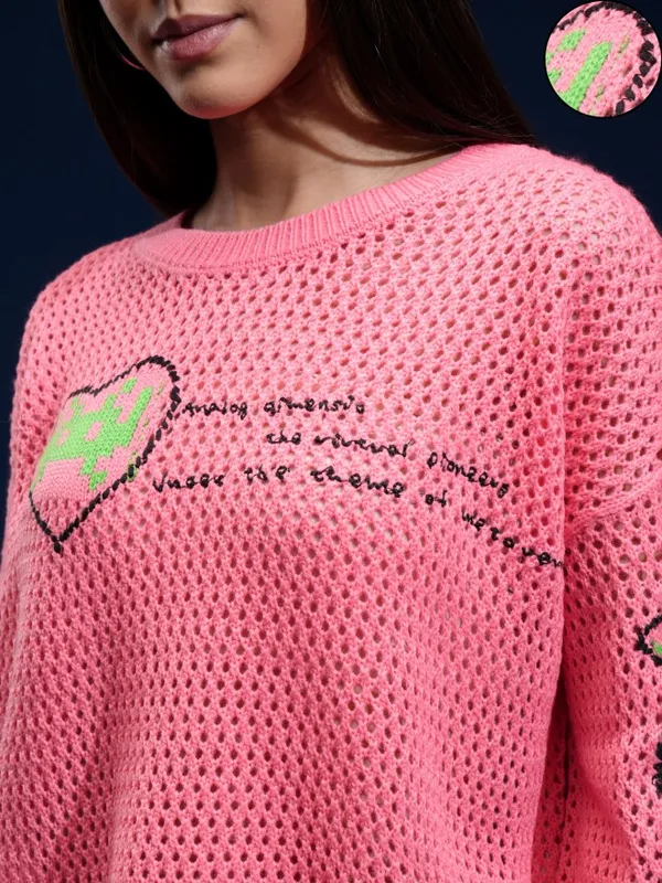 Tokyo Talkies Women Pink Round Neck Sweater