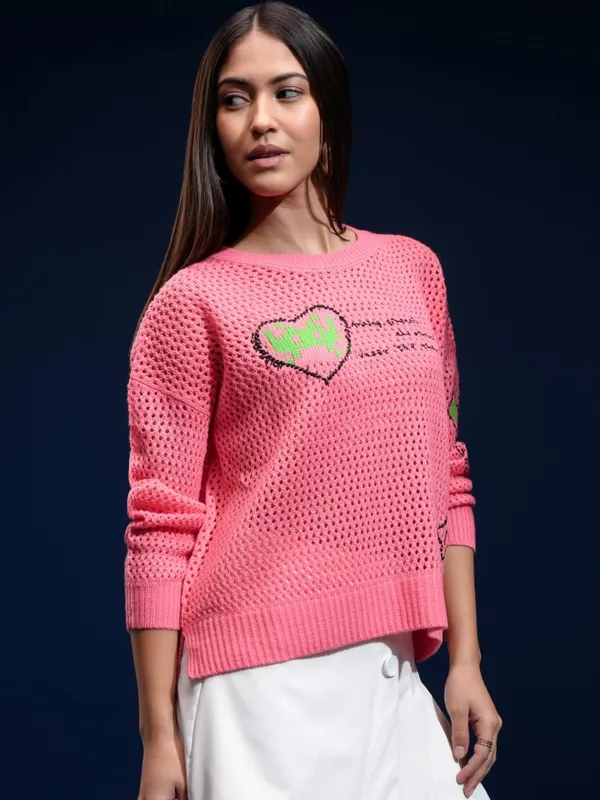 Tokyo Talkies Women Pink Round Neck Sweater