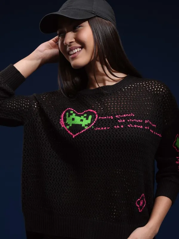 Tokyo Talkies Women Black Round Neck Sweater