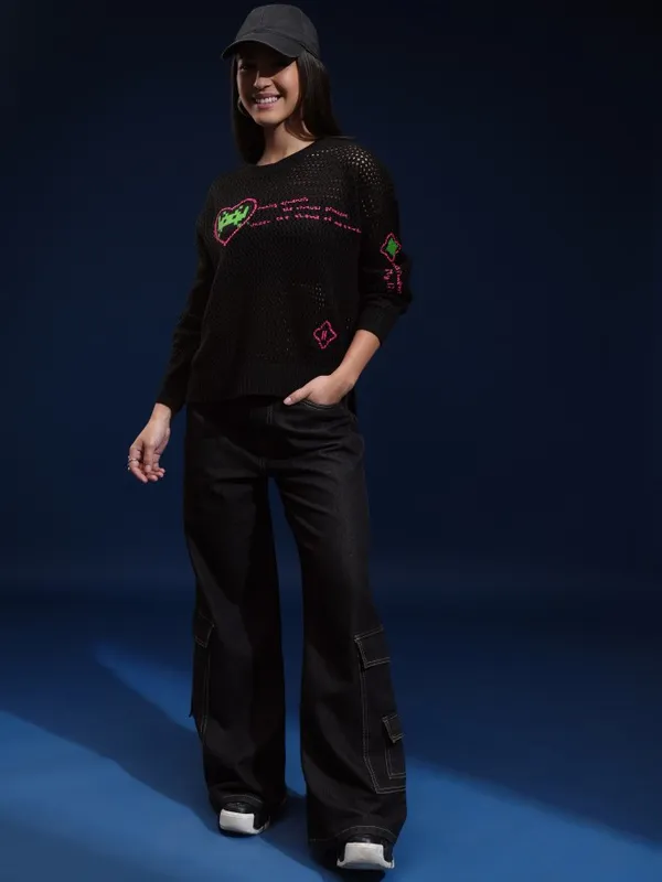 Tokyo Talkies Women Black Round Neck Sweater