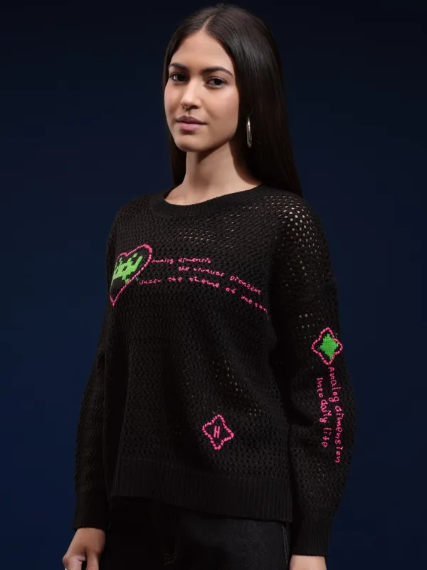 Tokyo Talkies Women Black Round Neck Sweater