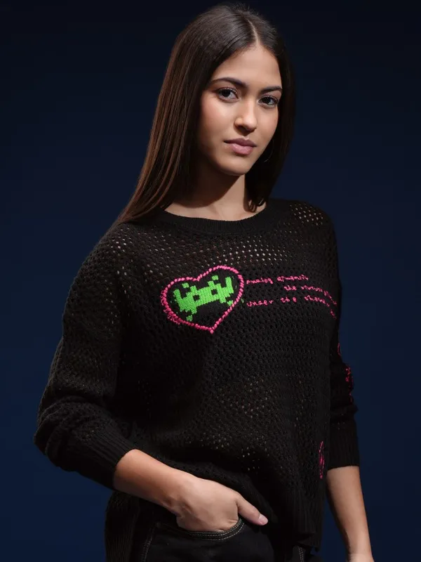Tokyo Talkies Women Black Round Neck Sweater