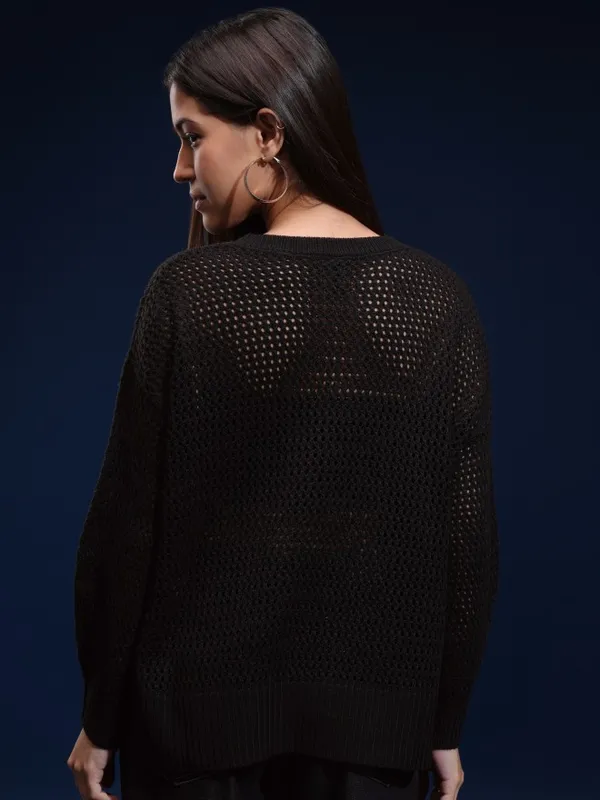 Tokyo Talkies Women Black Round Neck Sweater