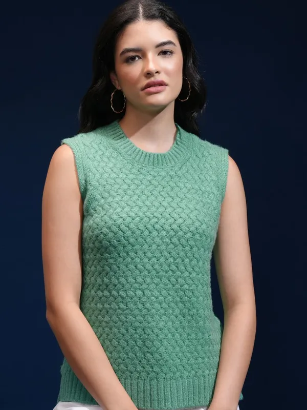 Tokyo Talkies Women Green Round Neck Sweater