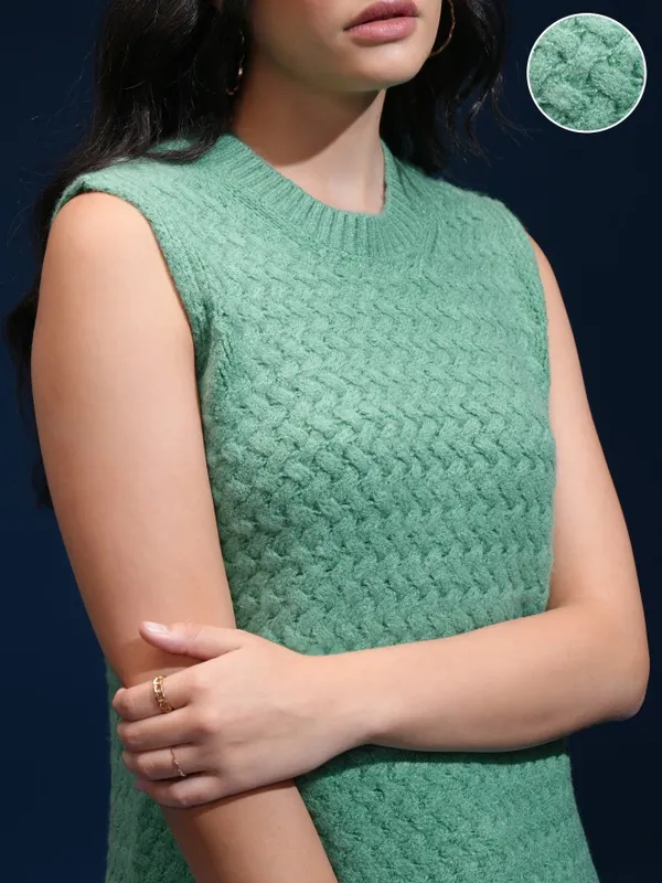 Tokyo Talkies Women Green Round Neck Sweater