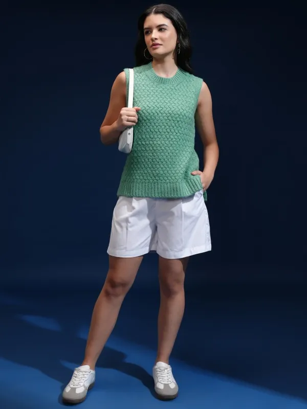 Tokyo Talkies Women Green Round Neck Sweater