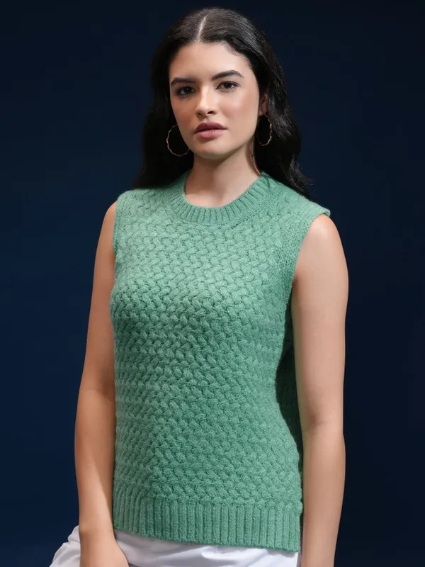 Tokyo Talkies Women Green Round Neck Sweater