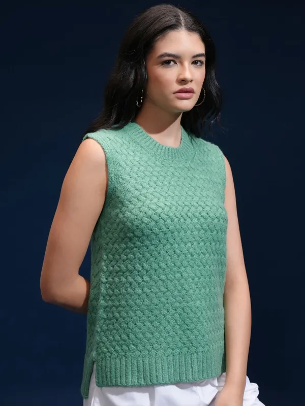 Tokyo Talkies Women Green Round Neck Sweater