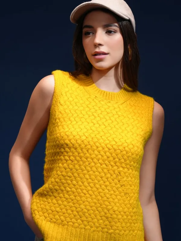 Tokyo Talkies Women Yellow Round Neck Sweater