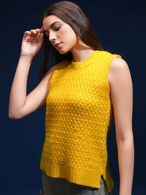 Tokyo Talkies Women Yellow Round Neck Sweater