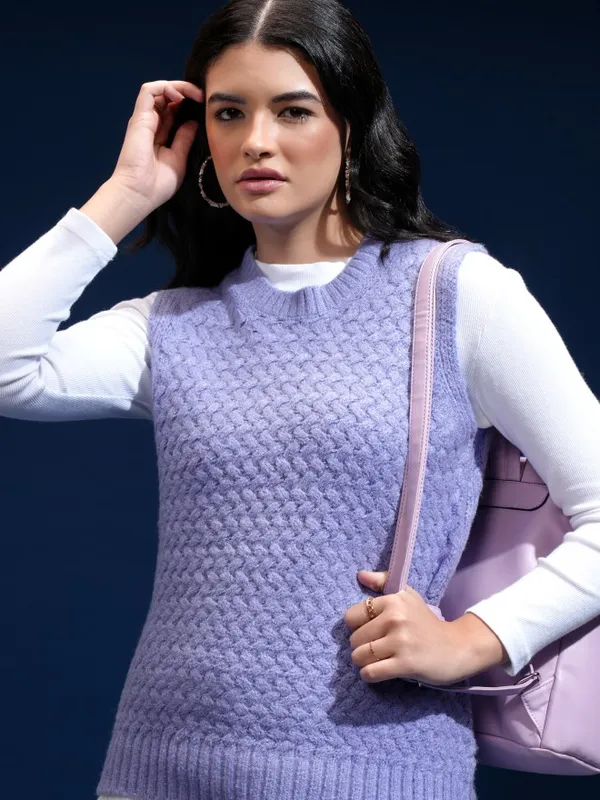 Tokyo Talkies Women Purple Round Neck Sweater