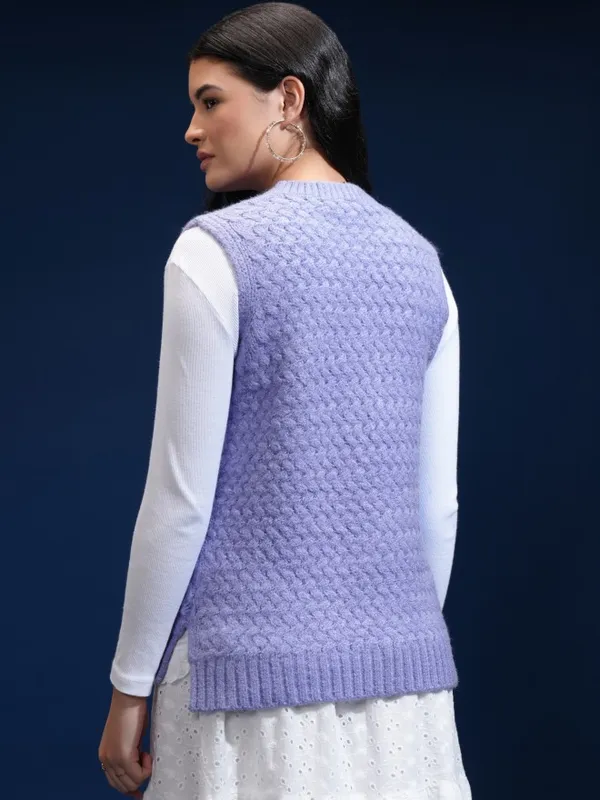 Tokyo Talkies Women Purple Round Neck Sweater