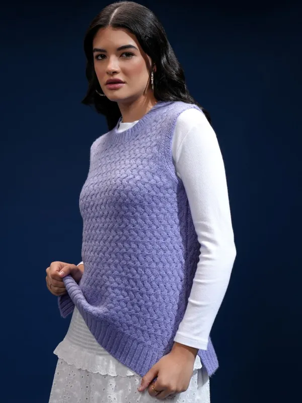 Tokyo Talkies Women Purple Round Neck Sweater