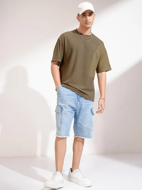 Highlander Men Olive Self Design Round Neck Oversized Fit T-Shirt