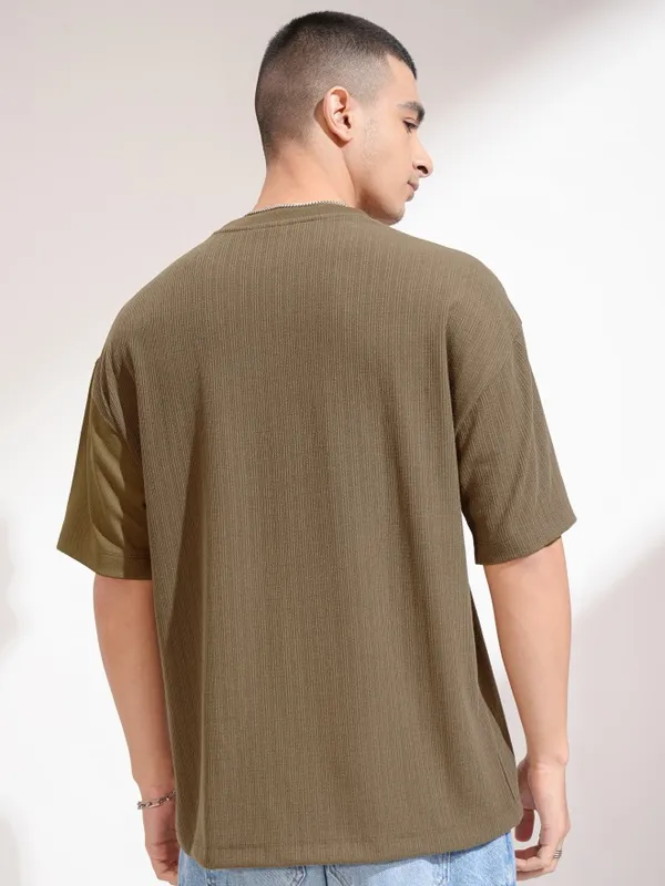 Highlander Men Olive Self Design Round Neck Oversized Fit T-Shirt