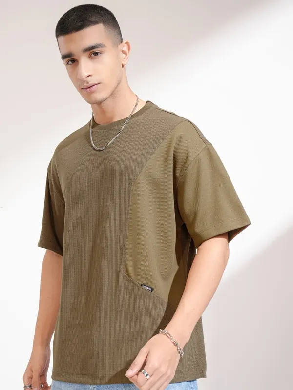 Highlander Men Olive Self Design Round Neck Oversized Fit T-Shirt