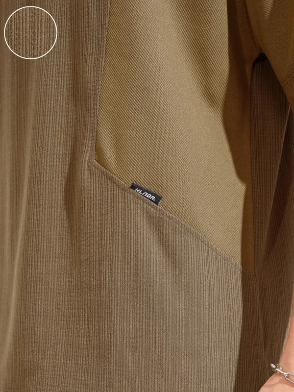 Highlander Men Olive Self Design Round Neck Oversized Fit T-Shirt