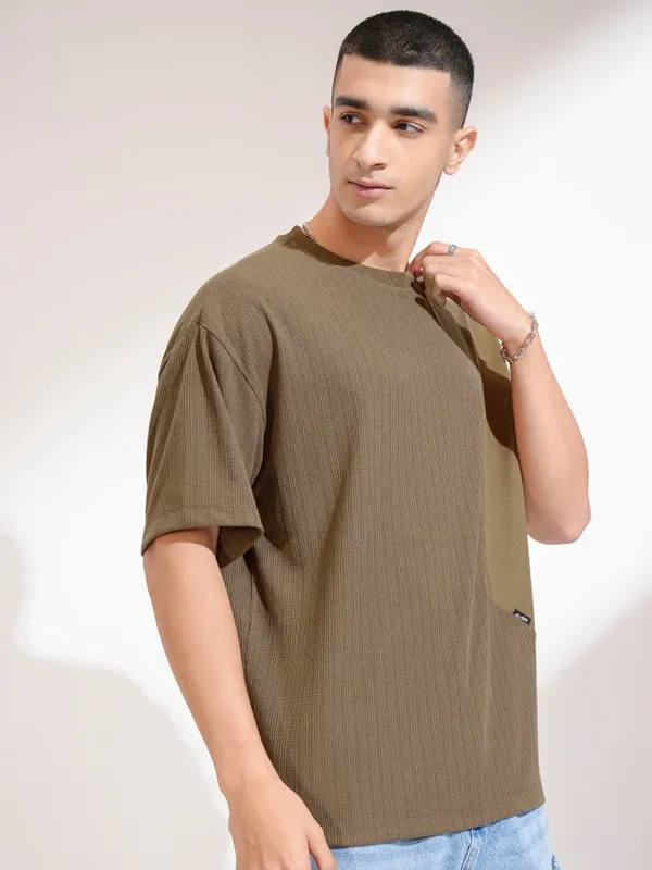 Highlander Men Olive Self Design Round Neck Oversized Fit T-Shirt