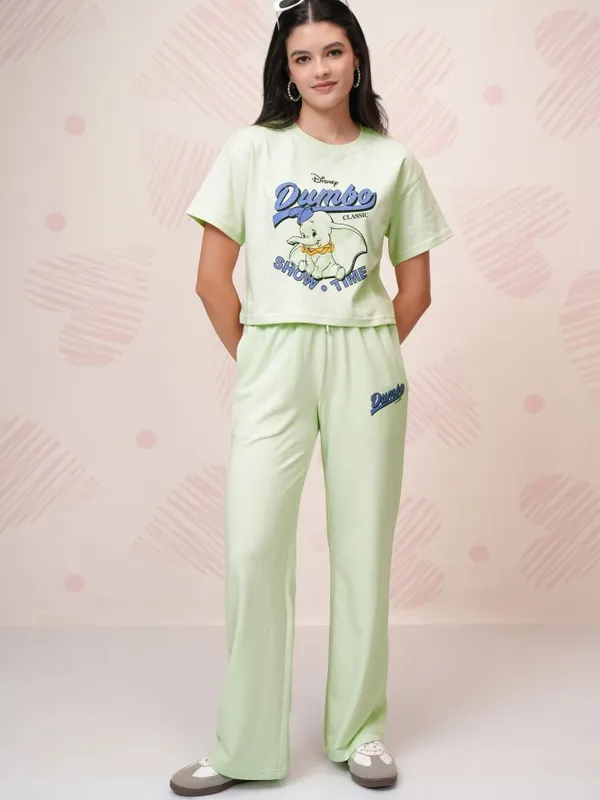 Disney By Tokyo Talkies Women Green Dumbo T-Shirt With Trousers Co-Ords