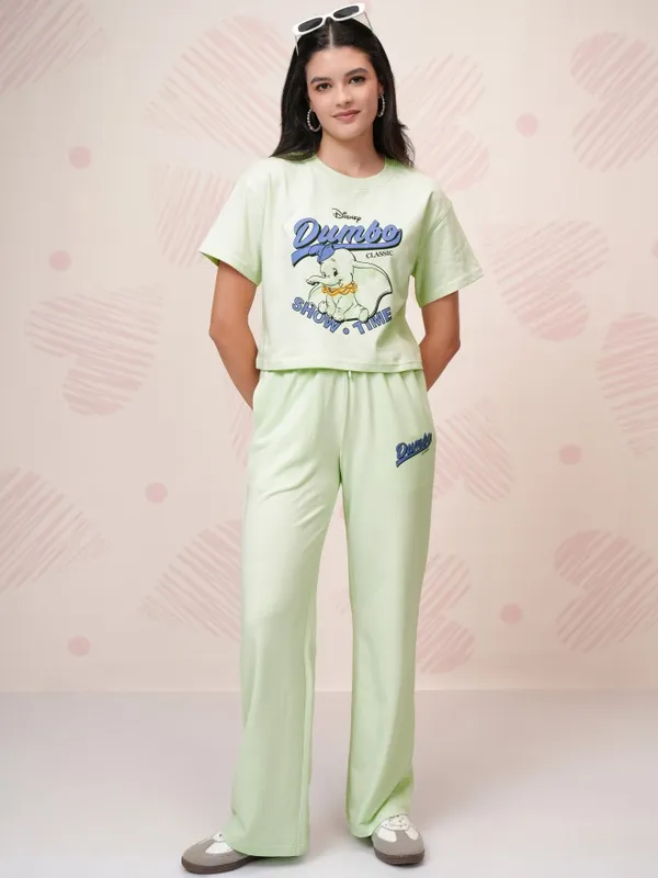 Disney By Tokyo Talkies Women Green Dumbo T-Shirt With Trousers Co-Ords