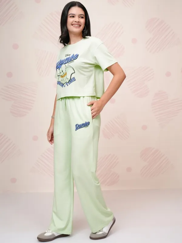 Disney By Tokyo Talkies Women Green Dumbo T-Shirt With Trousers Co-Ords